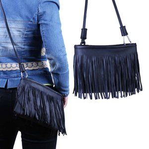 Women's Fringed Cross-Body Multifunctional Everyday Use Bag (Black)